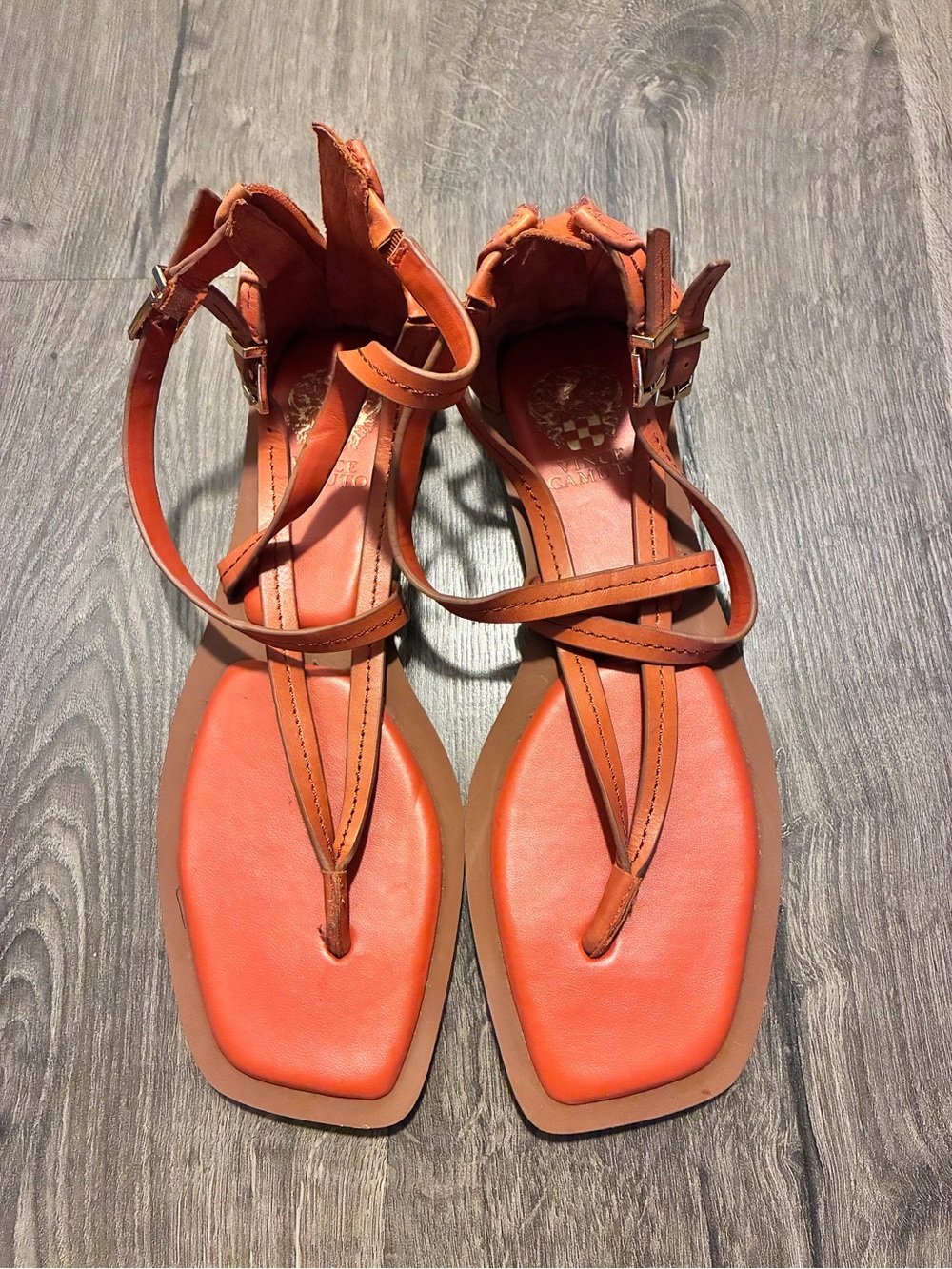 Vince Camuto Orange and Tan Strappy Leather Sandals